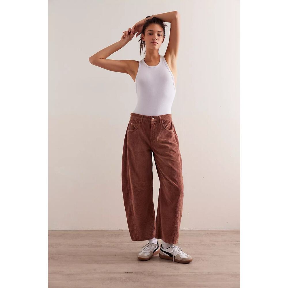 We The Free Good Luck Mid Rise Barrel Corduroy Pants Sz 27 Brown Baggy Boho